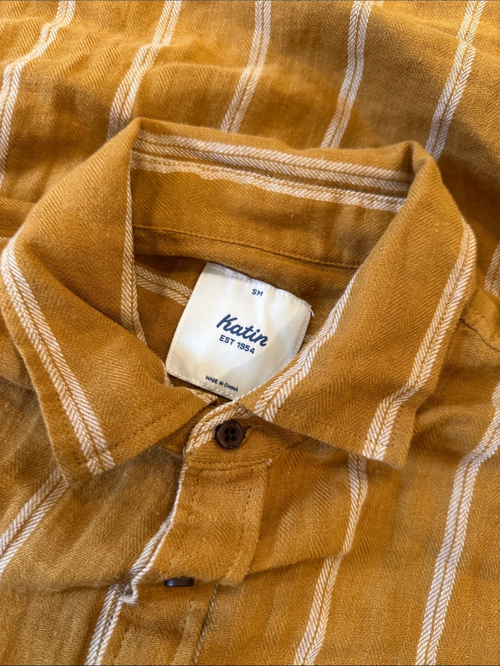 Katin Alan Ochre White Striped Linen Cotton Blend Short Sleeve Shirt Size Small - Picture 7 of 7